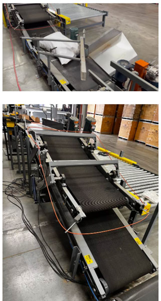 bag turning and flattening conveyors in a plastic pellets bagging system