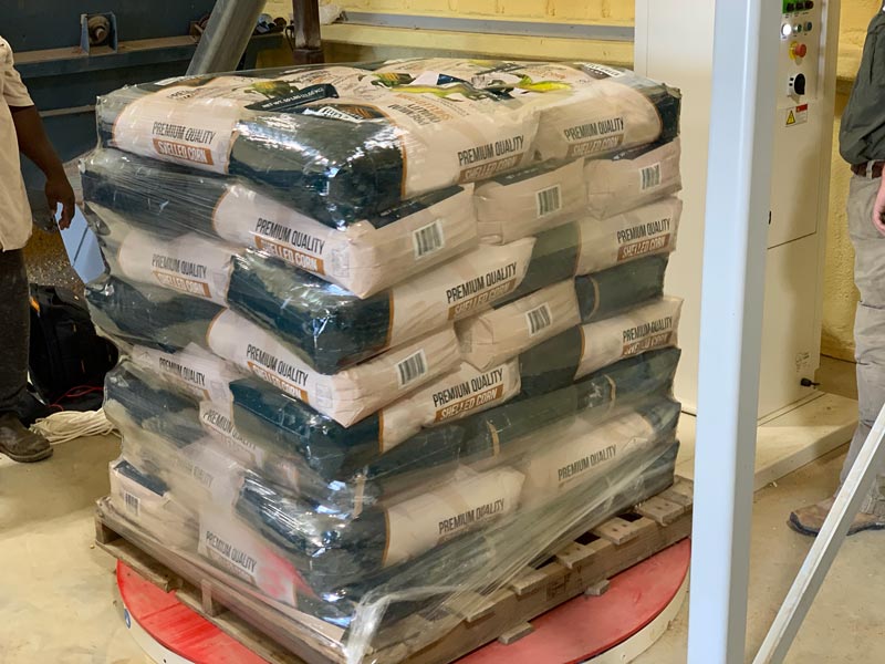 pallet stretch wrapping 50 lb bags of shelled corn