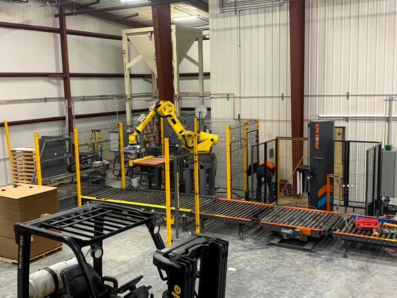 fully automatic bag palletizing system with robot pallet dispenser and stretch wrapper