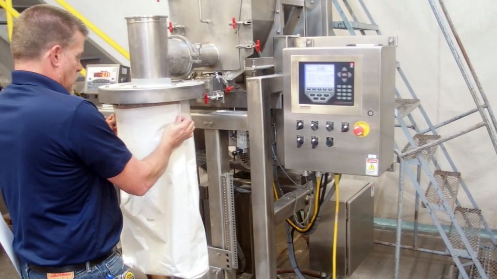 Filling 50 lb bags with Protein Powder Auger Filler