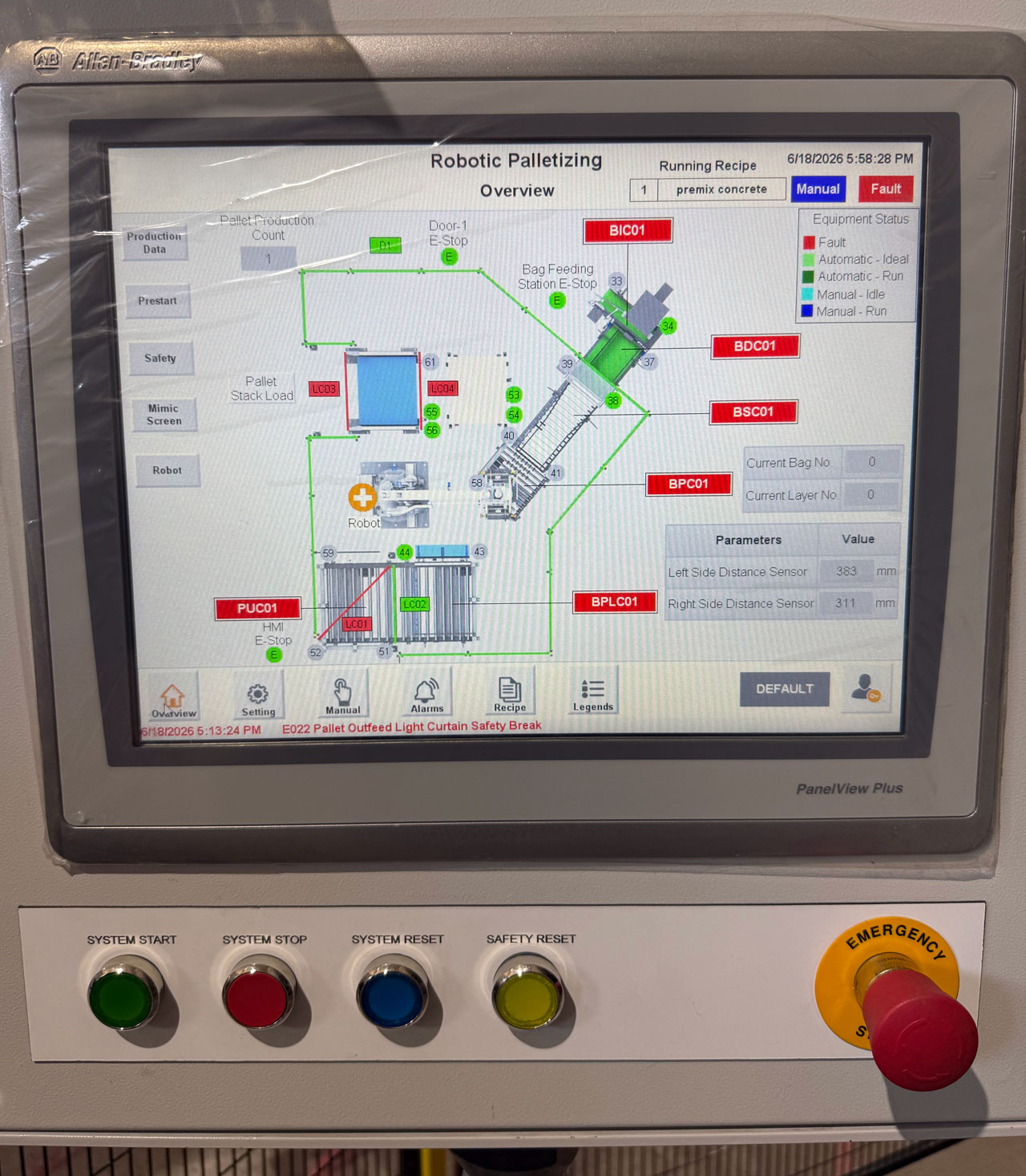 ABB bag palletizing system Allen Bradley touch screen controls